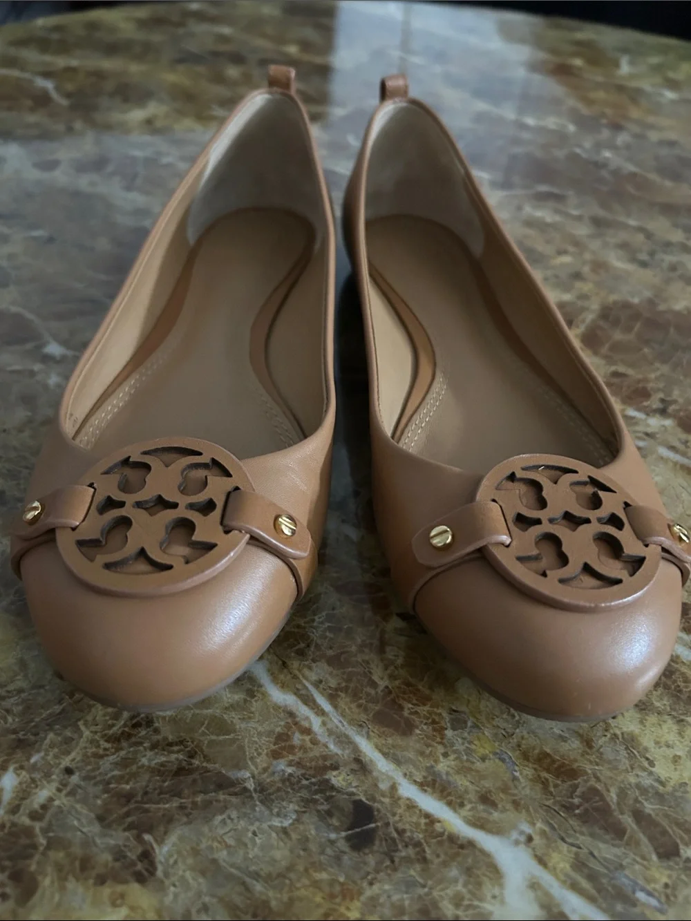 Tory Burch Tan Leather Logo Ballet Flats
